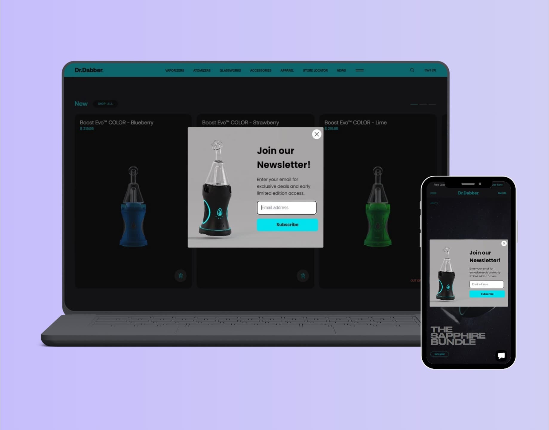 Pop-up form on Dr.Dabber's homepage for Klaviyo integration