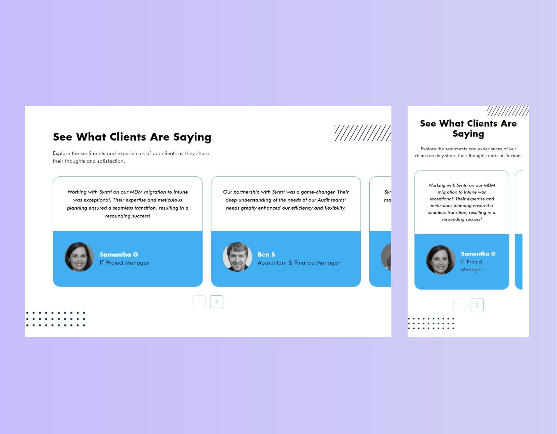 Testimonials Section on Desktop and Mobile view on Syntri.us